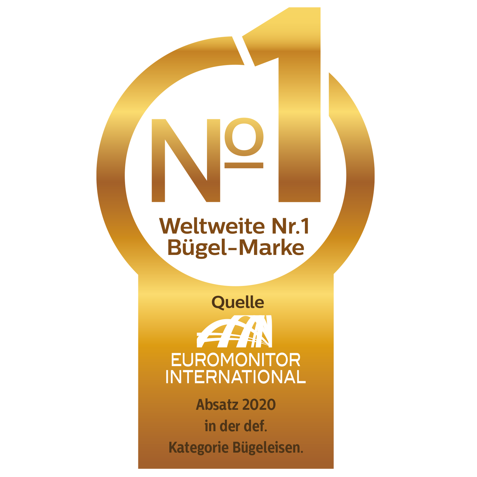 Eine goldene Auszeichnung mit der Nummer 1 und dem Text 'Weltweite Nr.1 Bügel-Marke'.