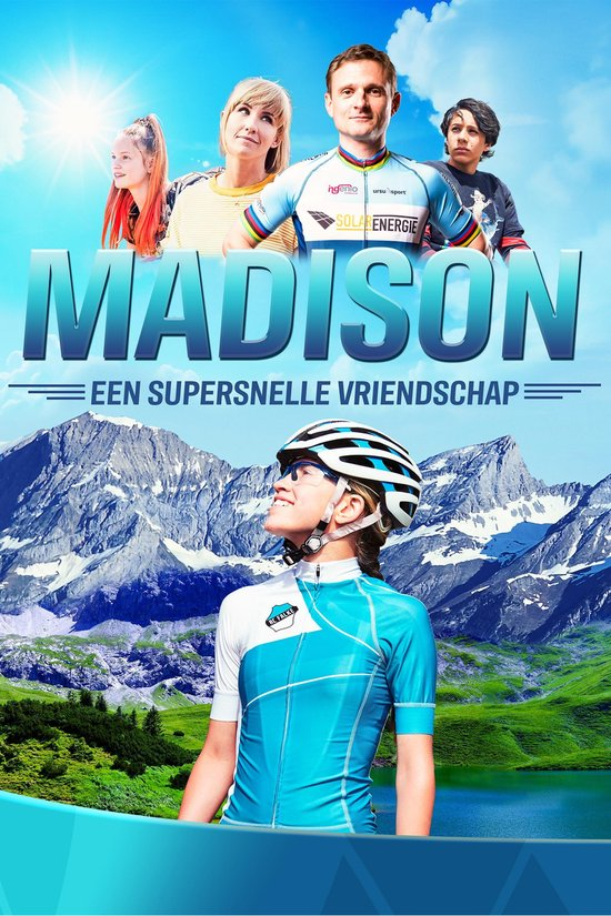 Affiche de film avec un groupe de personnes et un cycliste devant des montagnes.