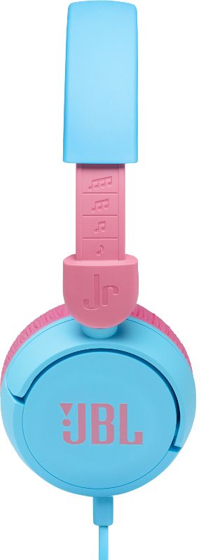 Blauwe en roze JBL-koptelefoon met JBL-logo. Een blauw snoer is verbonden met de koptelefoon.