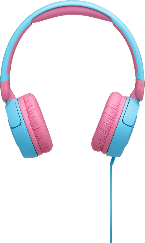 Roze en blauwe koptelefoon. De oorschelpen zijn roze, de hoofdband en het frame zijn blauw.
