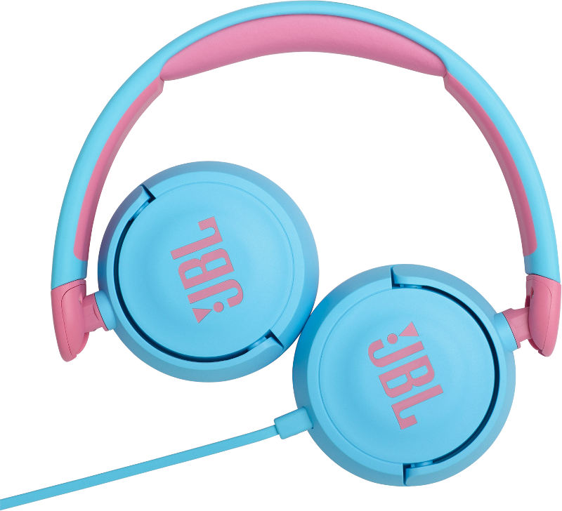 Blauwe koptelefoon met roze hoofdband. JBL-logo op de oorschelpen.