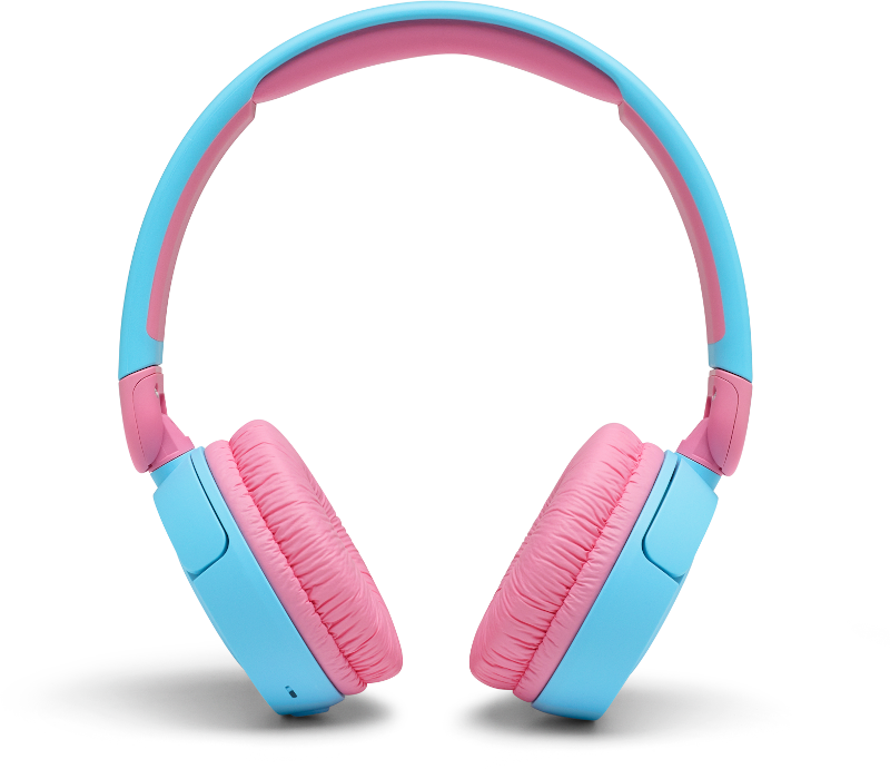 Blue and pink headphones. The background is white.