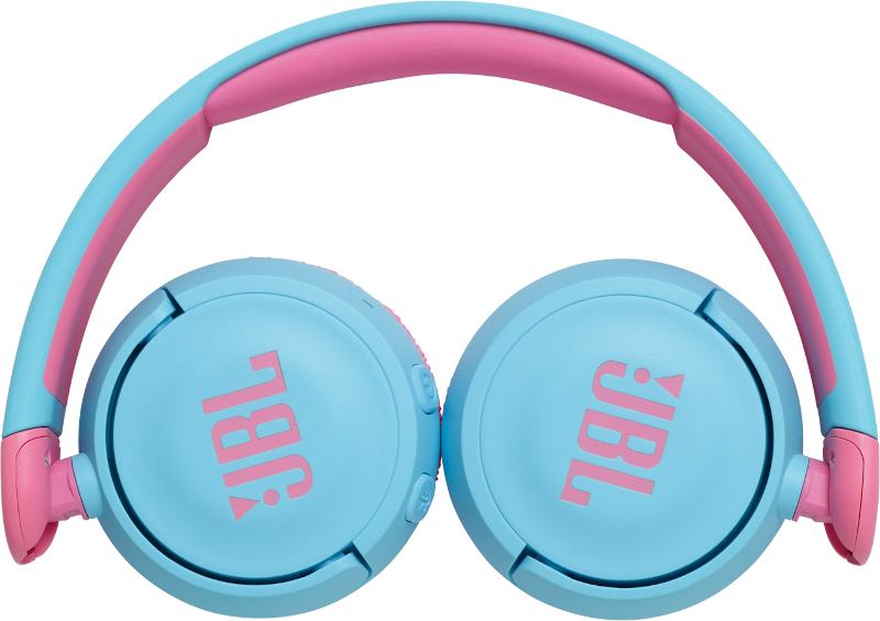 Blue and pink JBL headphones, top view. The earcups are blue, the headband is pink.