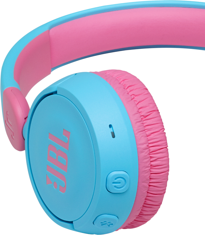 A pair of blue and pink JBL headphones. The left earcup has the JBL logo and a power button.