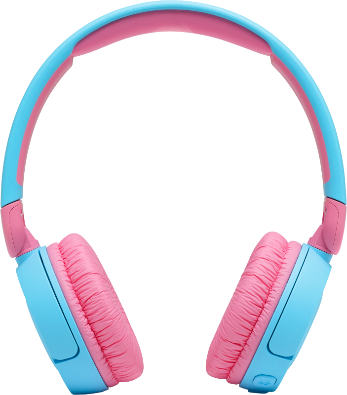 Blue and pink headphones. The earcups are pink, and the headband is blue.