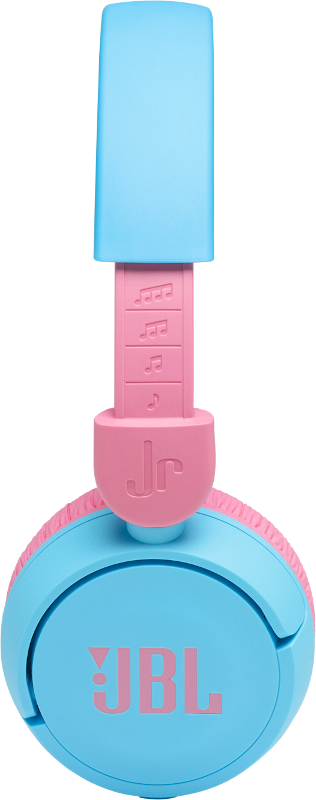 Blue and pink JBL junior headphones. The headband is blue, with pink accents and a music note design.