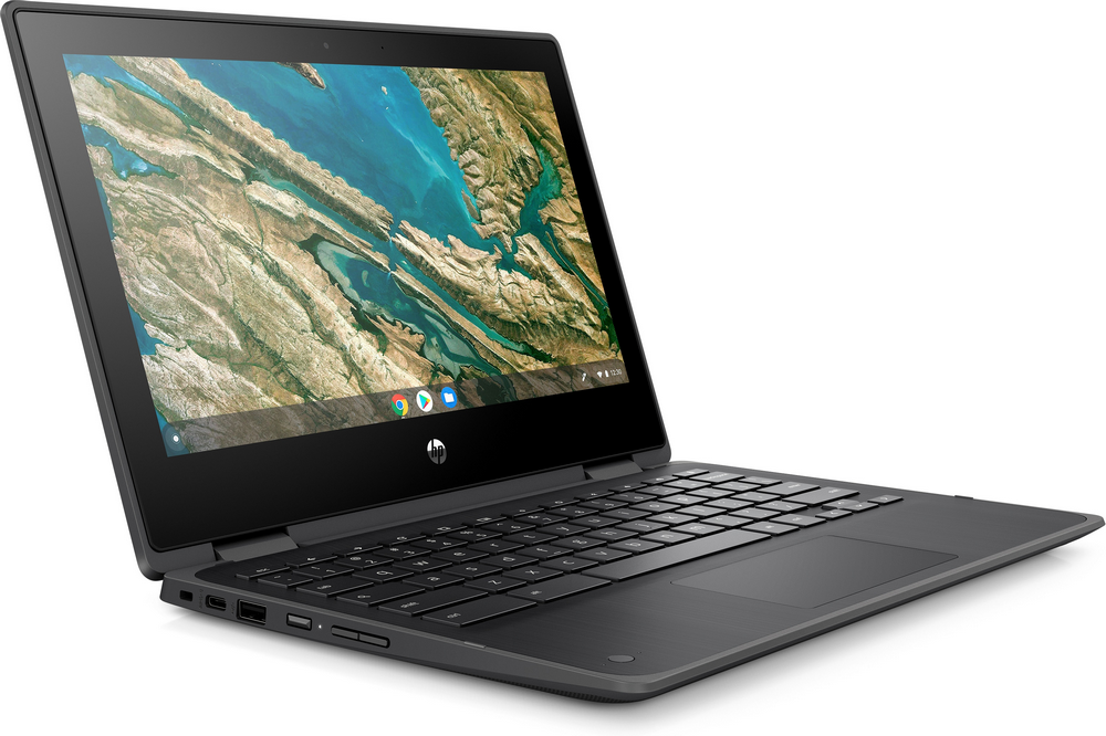 Portátil HP Chromebook negro y gris con pantalla que muestra un paisaje.