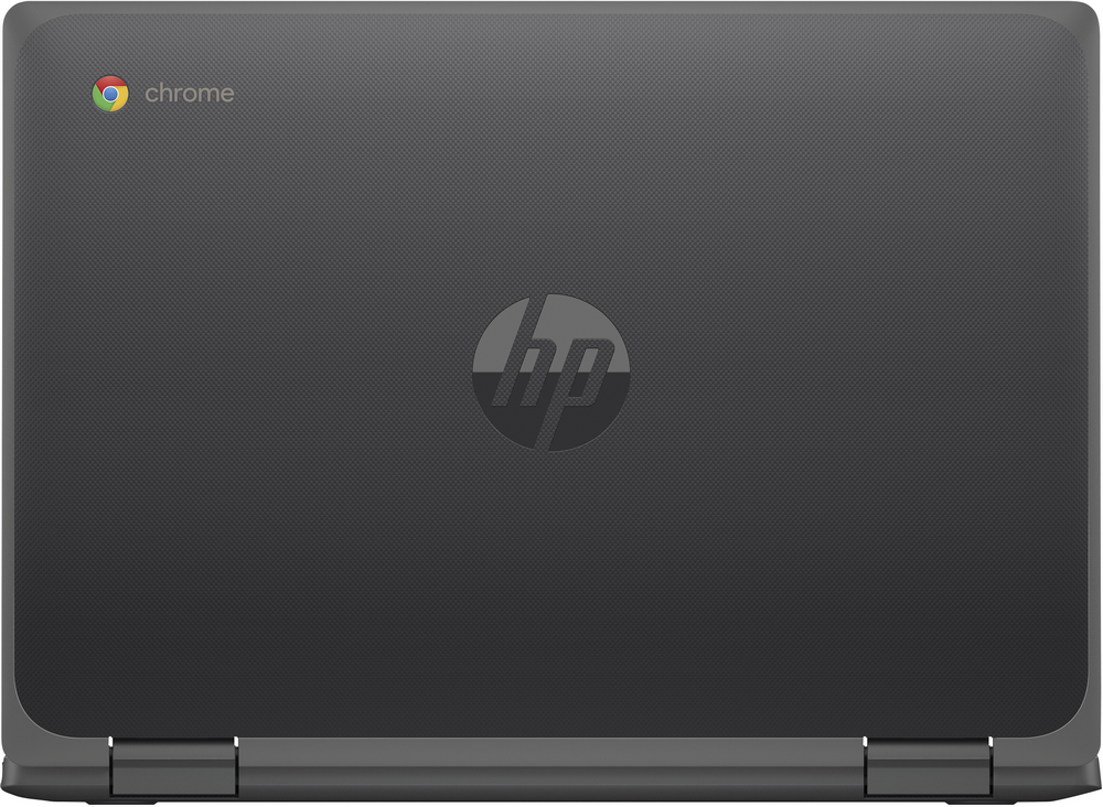 Portátil HP Chrome gris cerrado, con el logotipo de Chrome y el logotipo de HP visibles en la parte superior.