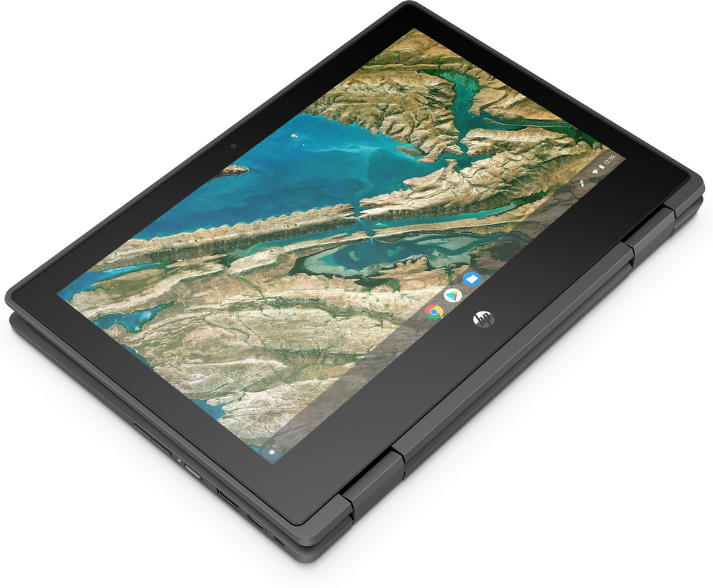 Tableta HP Chromebook negra y gris que muestra un mapa de un paisaje.