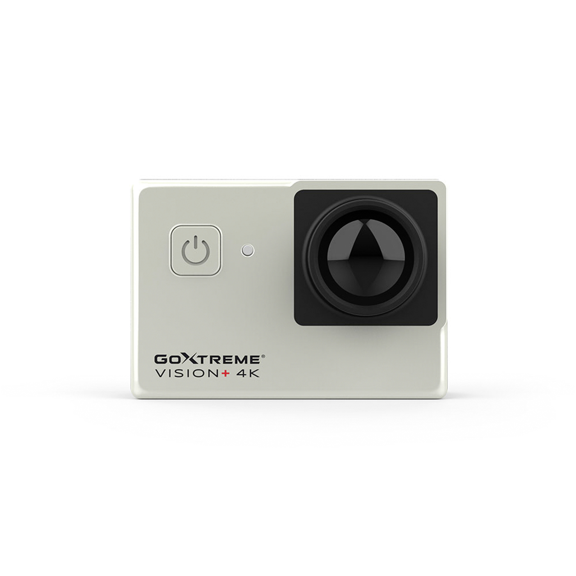 Weiße Action-Kamera mit schwarzem Objektiv und Power-Taste. Text: Goxtreme Vision+ 4K.