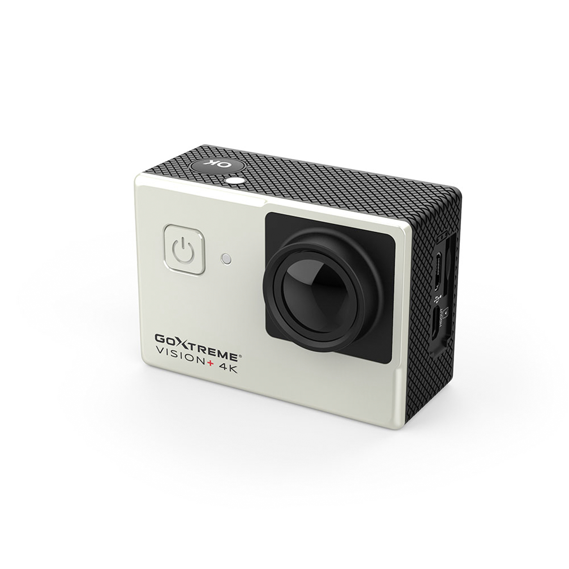 Silberne Action-Kamera mit schwarzem Objektiv, Tasten und dem Text GOXTREME VISION+ 4K.