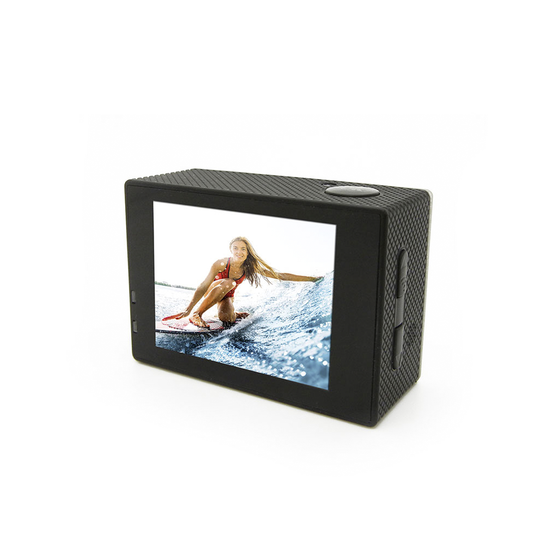 Schwarze Actionkamera mit Frau beim Surfen auf dem Bildschirm. Weißer Hintergrund.