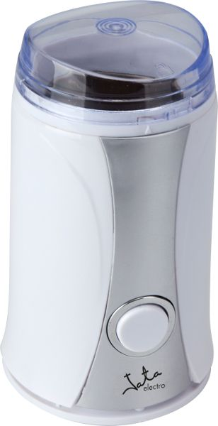 Molinillo de café eléctrico blanco y plateado con tapa azul y Iata electro.