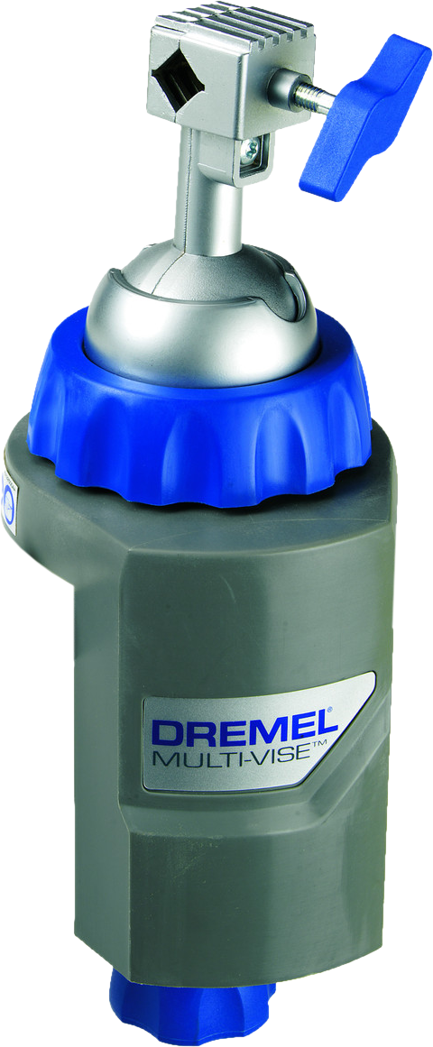 Egy Dremel Multi-Vise, szürke és kék, gömbcsuklóval és kék beállító fogantyúval.