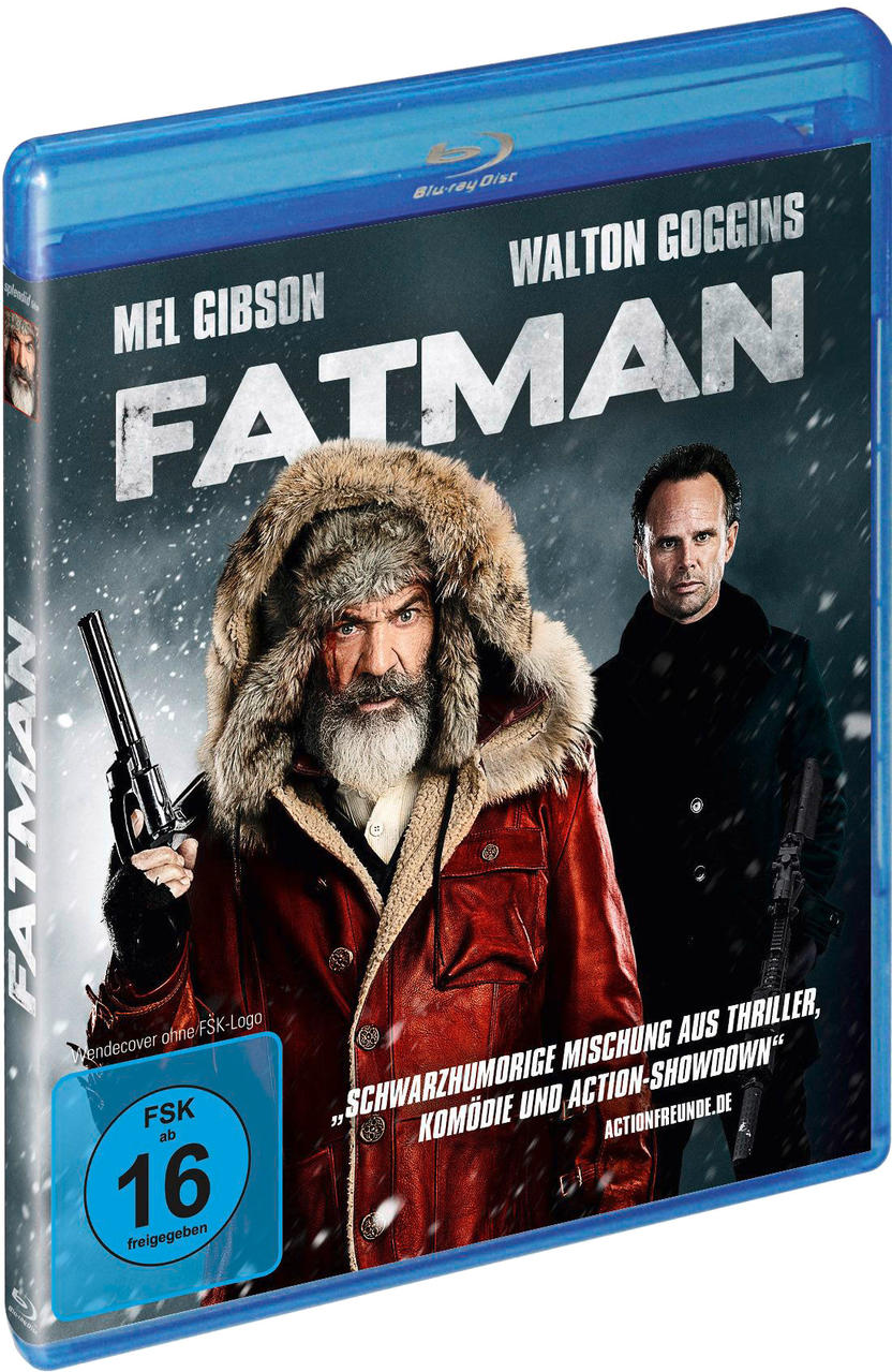 Blu-ray-Disc-Cover mit Mel Gibson. Titel FATMAN. Schneebedeckte Szene mit zwei Männern.