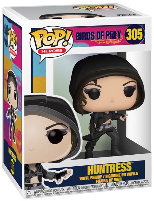 A Funko Pop box with Huntress figure. The figure is a woman with a bow and arrow.