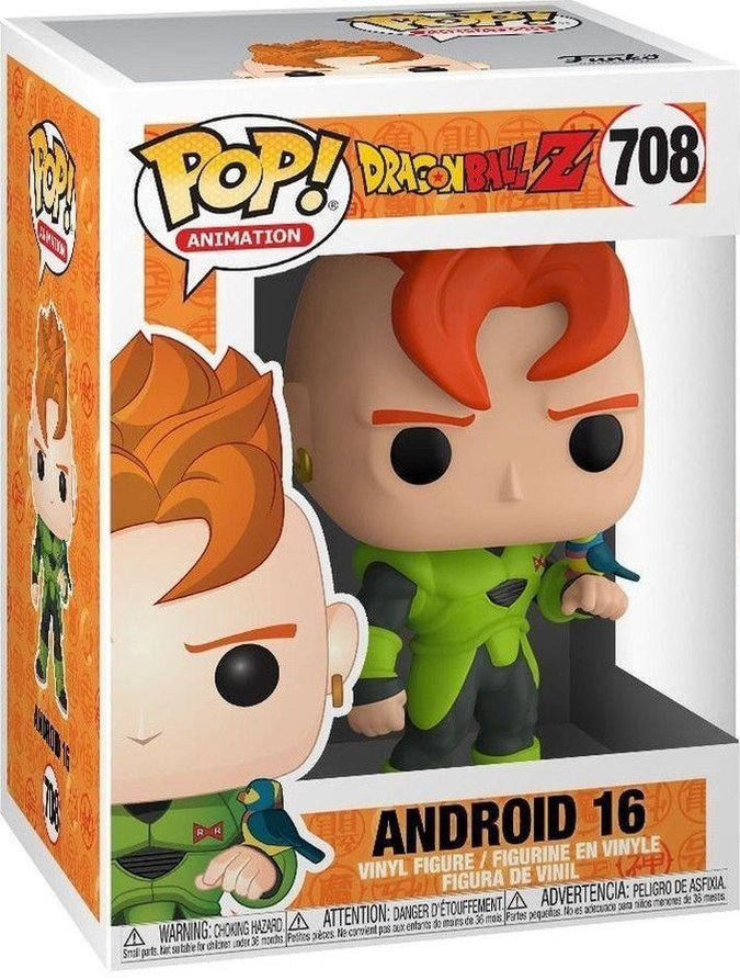 Une figurine Funko Pop d'Android 16 de Dragon Ball Z. La boîte affiche le personnage et les détails.