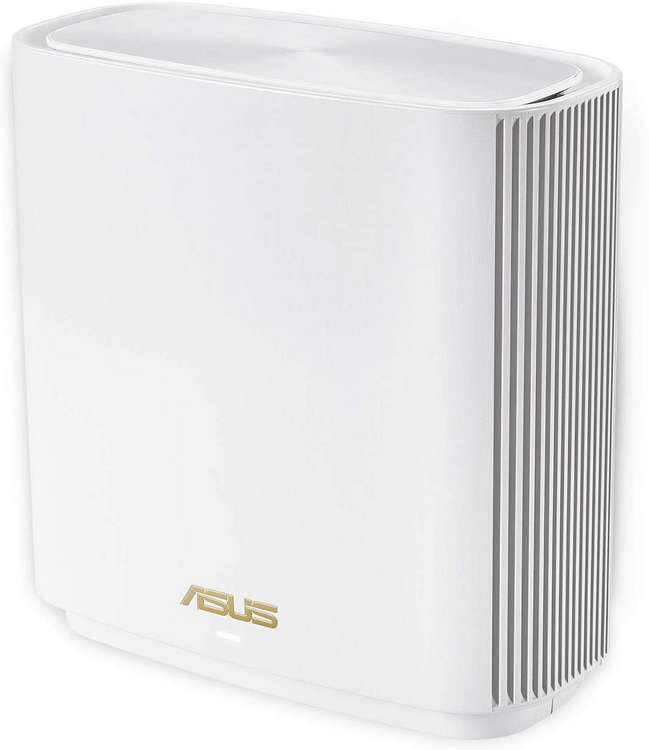 Router Wi-Fi ASUS blanco con el logo dorado de ASUS y líneas de ventilación verticales.