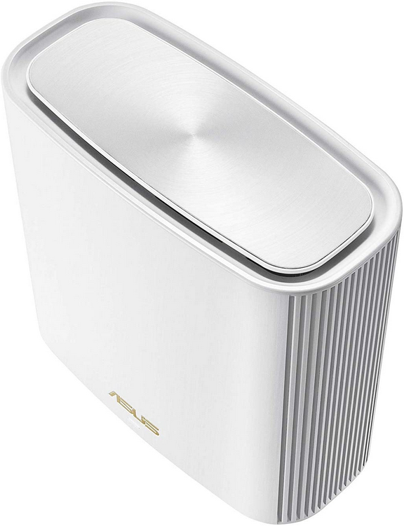 Un router blanco con una tapa plateada. Tiene el logotipo de ASUS en dorado. El lateral tiene líneas verticales.