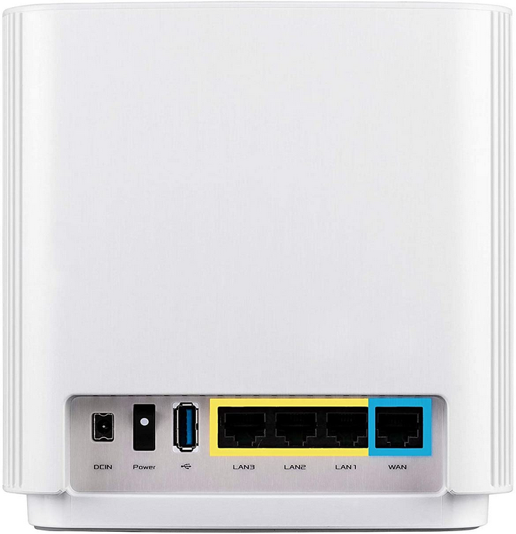 Un enrutador blanco con puertos azules, amarillos y negros y un puerto USB.