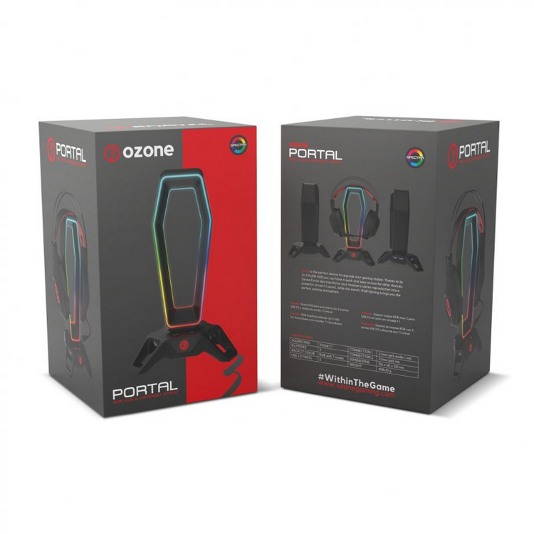 Soporte auriculares - Ozone Portal RGB, 3x USB, 3.5mm, Sonido Virtual Envolvente 7.1, Luces RGB, Negro
