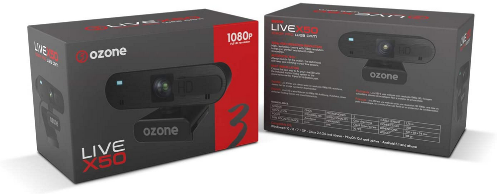 Webcam - Ozone LiveX50, Full HD 1920x1080p, Micrófono, USB, Sensor CMOS, Negro