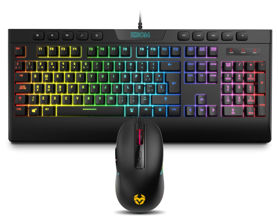 Combo de teclado y ratón Krom negro con iluminación RGB sobre fondo blanco.
