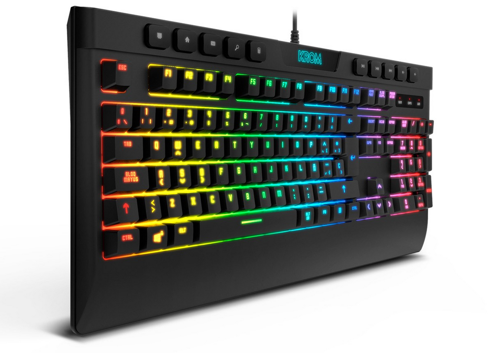 Teclado gaming negro con teclas retroiluminadas arcoíris. Un logotipo de KROM en la parte superior.
