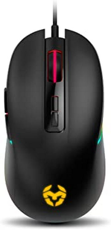 Ratón gaming negro con detalles rojos y amarillos. Tiene logo y botones.
