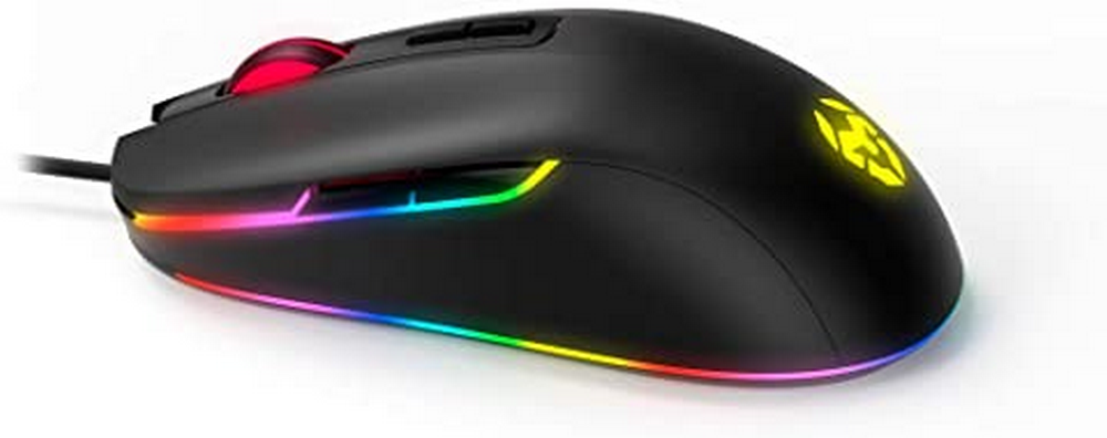Ratón gaming negro con luces RGB y botón rojo.