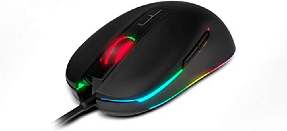 Un ratón gaming negro con iluminación RGB. Tiene botones y una rueda de desplazamiento.