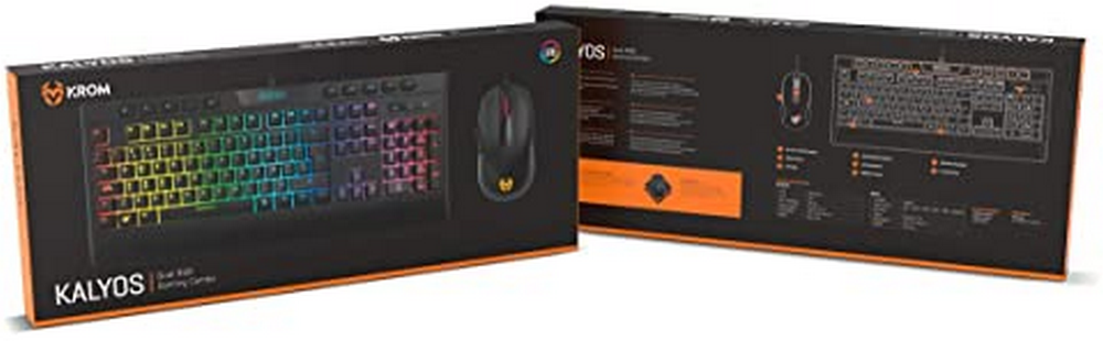 Conjunto de teclado y ratón en caja, negro, con teclas de colores arcoíris.