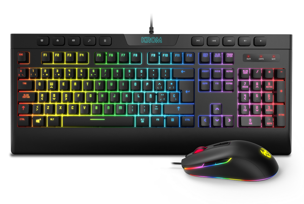 Krom Kalyos Nxkromklyssp combo gaming teclado raton membrada rgb retroiluminado con sensor optico 6400 dpi led 6 colores pack usb niveles 1.5m dpi6400