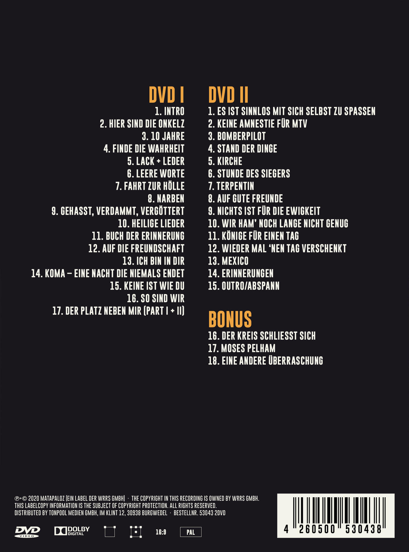 Rückseite einer DVD-Hülle mit Titellisten für DVD I, DVD II und Bonus.