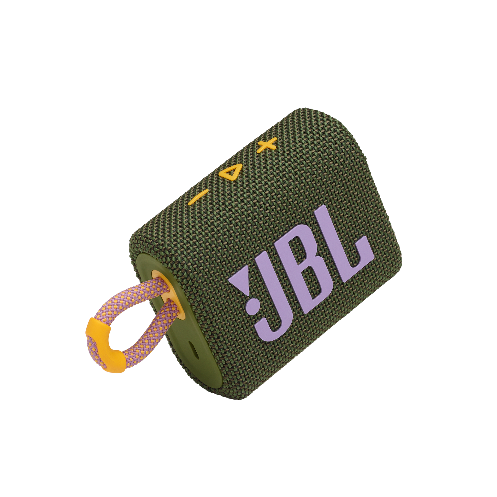 Mor JBL logosu, turuncu kayış ve siyah arka plana sahip zeytin yeşili JBL hoparlör.