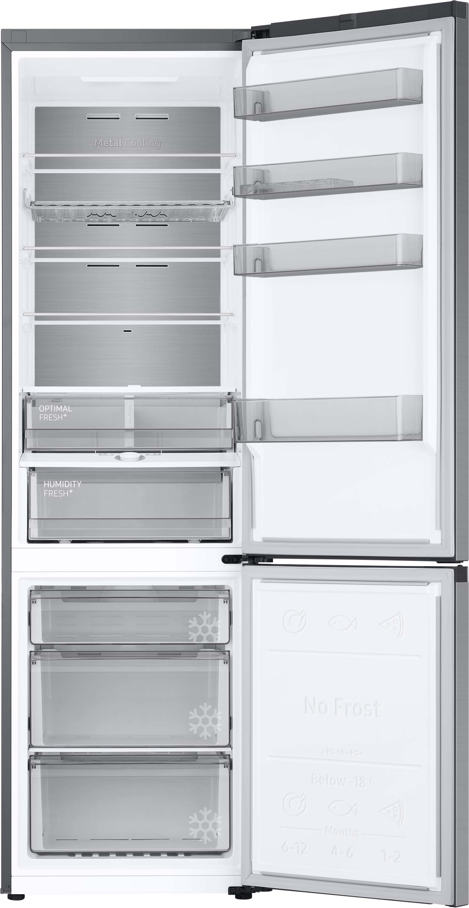 Offener Kühlschrank mit Regalen und Schubladen, überwiegend weiß und grau.