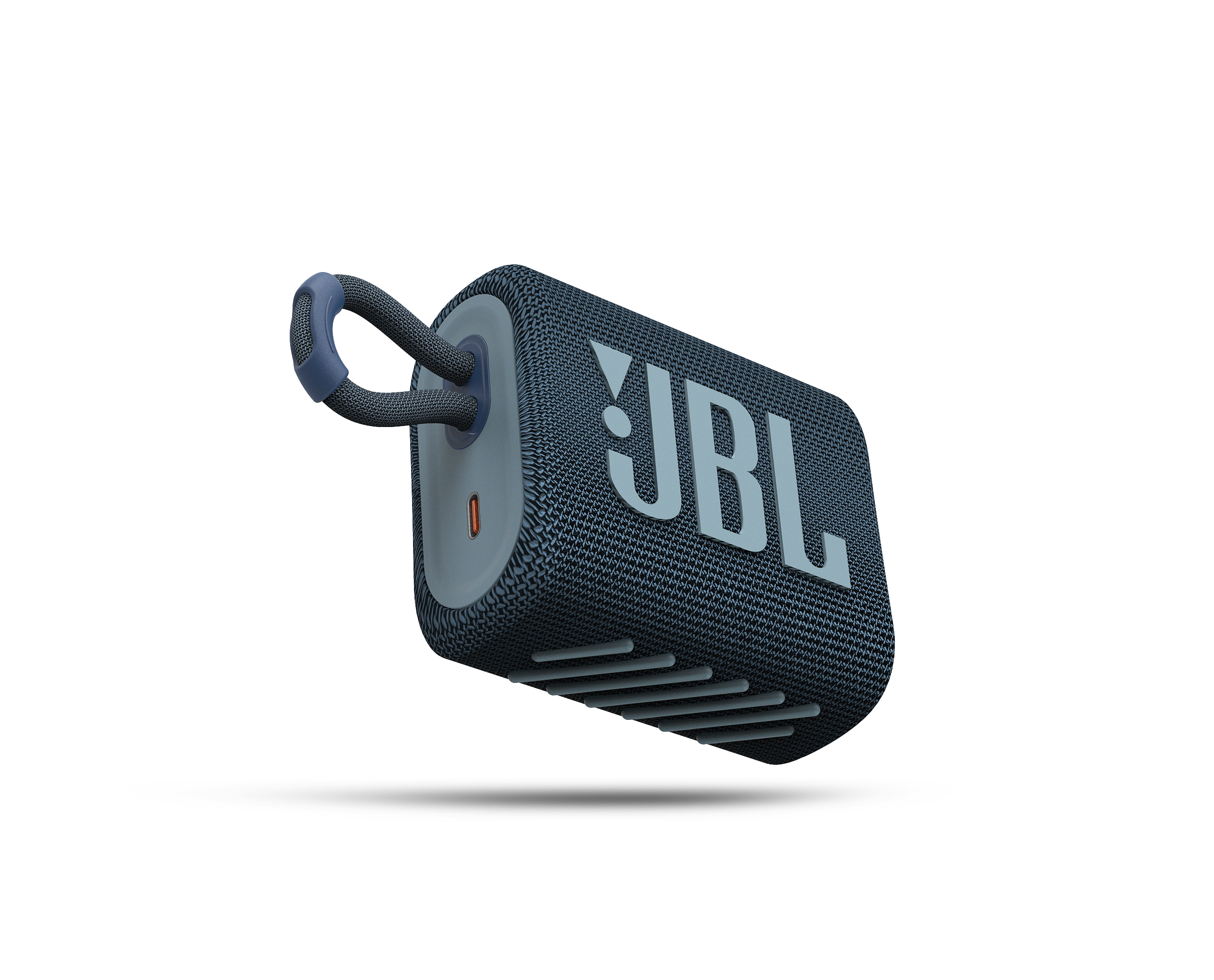 Koyu arka planda, döngüye sahip mavi JBL hoparlör. JBL logosu görünüyor.