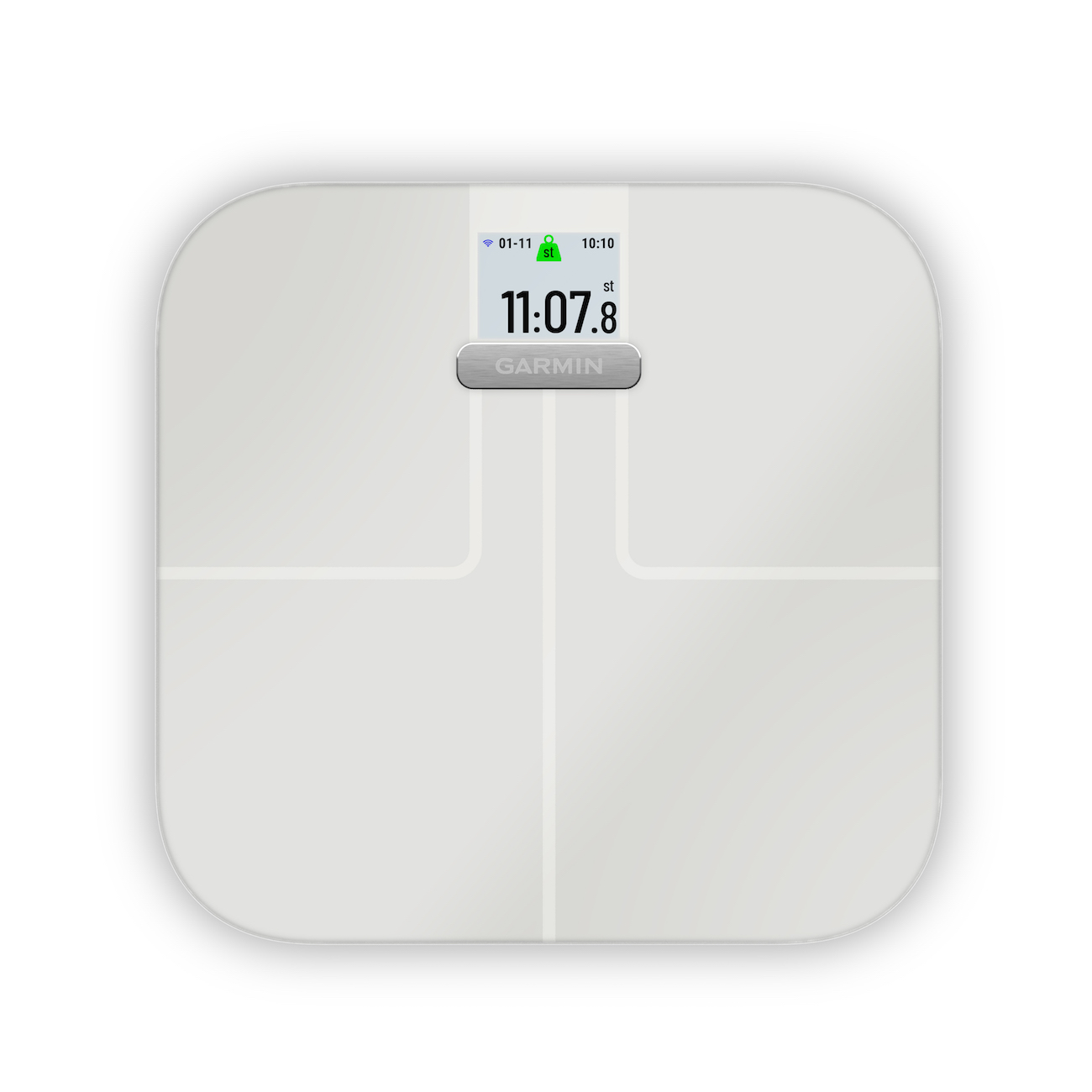 A white Garmin smart scale displays 11:07.8 st. It has a small screen with date and time, and the Garmin logo below.