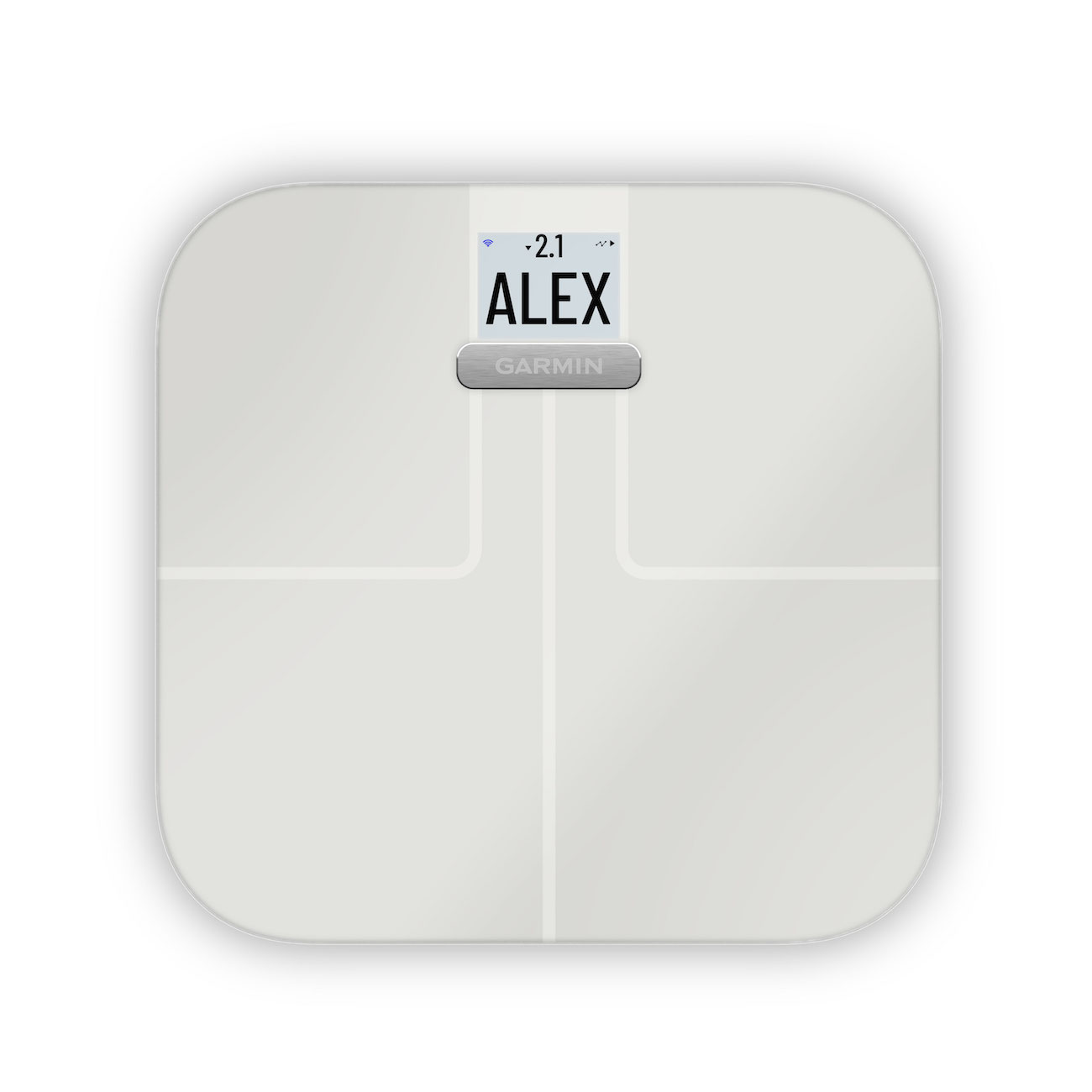 A white Garmin scale with "ALEX" displayed. It shows a weight reading of -2.1. The Garmin logo is visible.