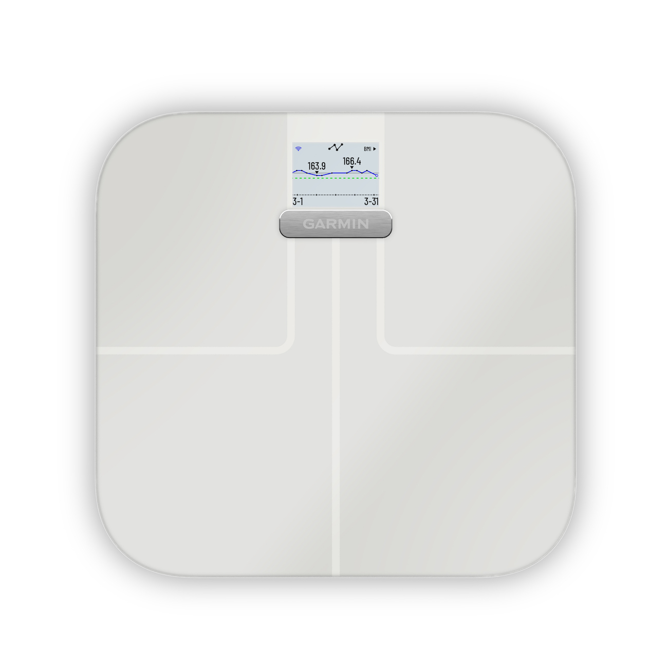 White Garmin scale with a small display.