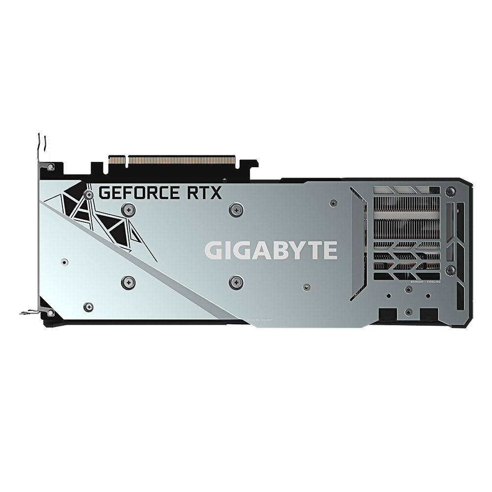 Rückseite einer Gigabyte GeForce RTX Grafikkarte, mit Marke und Logo.