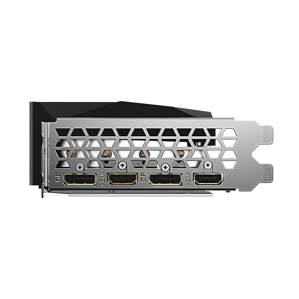 Eine Grafikkarte mit mehreren Anschlüssen, darunter HDMI und DisplayPort, von hinten gesehen.
