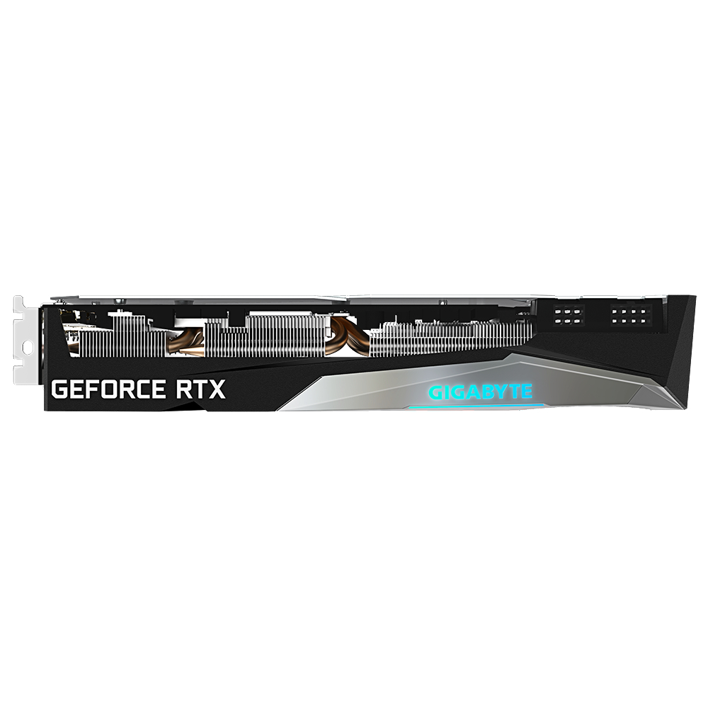 Eine Grafikkarte mit den Worten "GEFORCE RTX" und "GIGABYTE" darauf.