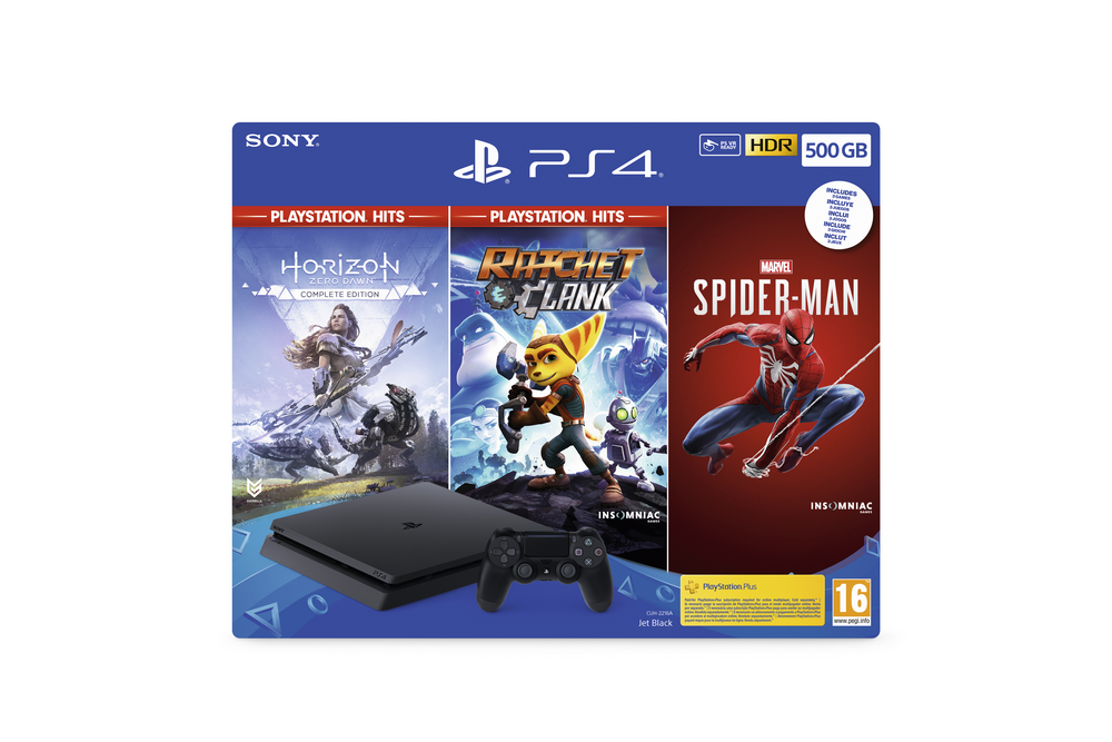 REACONDICIONADO Seminuevo(*) Consola - Sony PS4 500GB, Negro + Marvel's Spider-Man + Horizon Zero Dawn Complete Edition + Ratchet and Clank