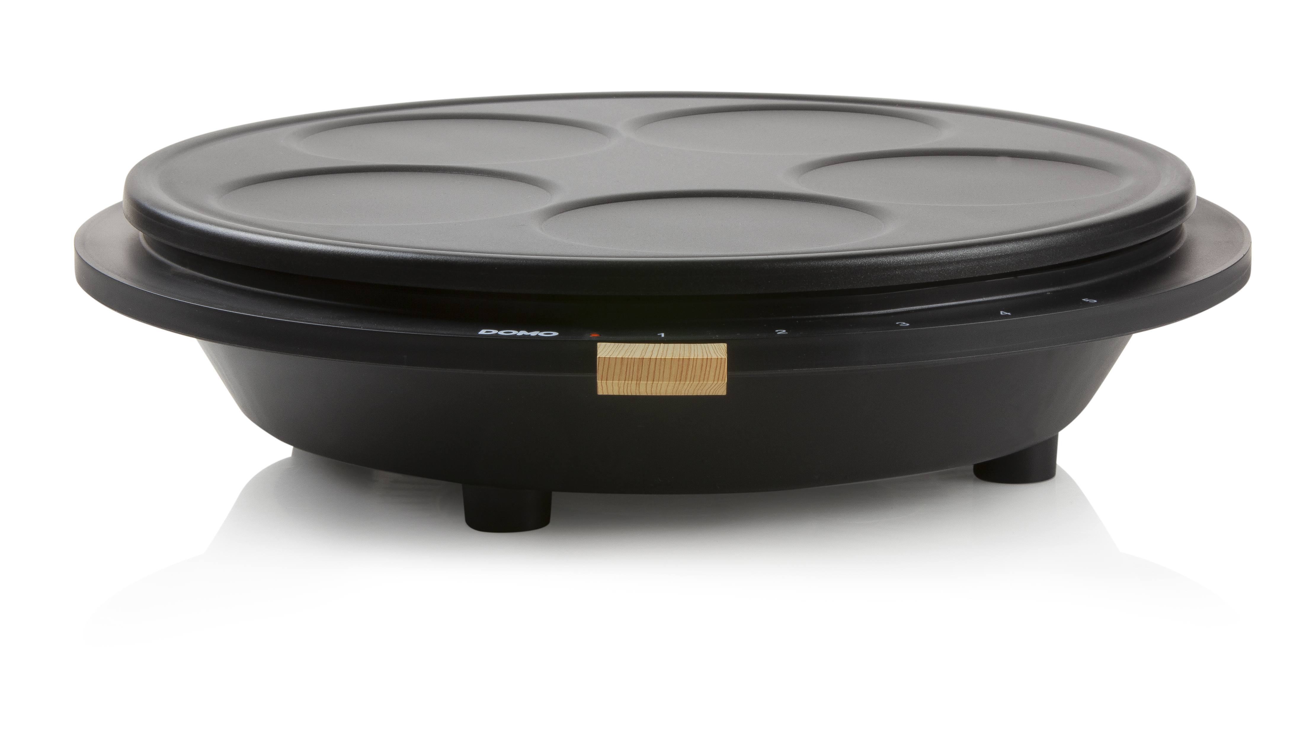 Black electric pancake maker with five circular cooking surfaces on a white background.
