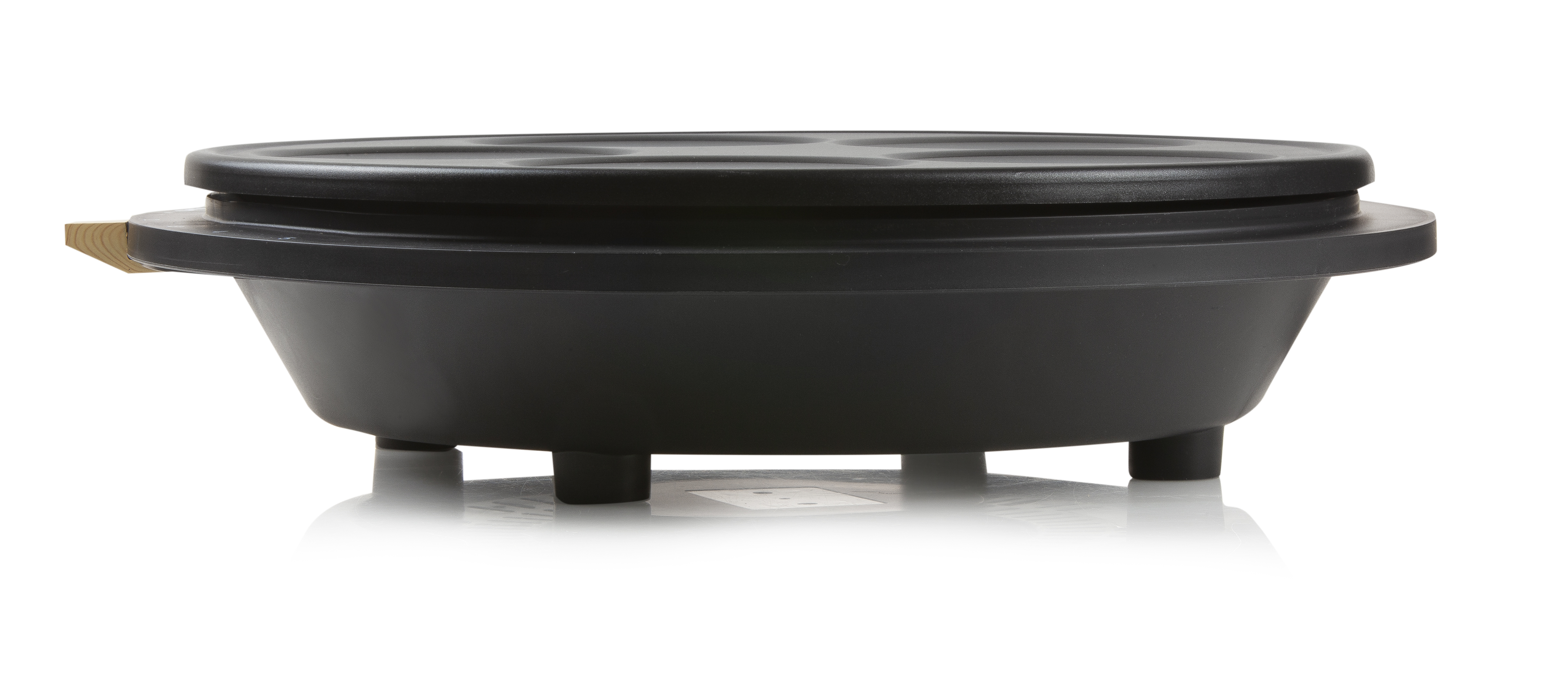 Black cooking appliance with round top and wooden handle. White background.