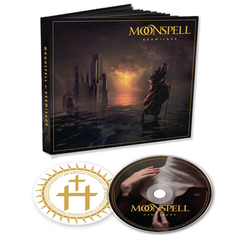 CD-Album mit Buch und Aufkleber mit Text.