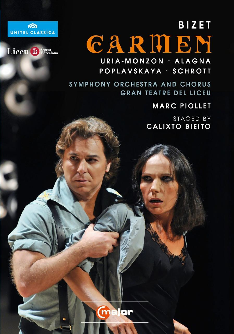 Eine DVD-Hülle für Carmen mit zwei Personen mit intensiven Ausdrücken und Operndetails.