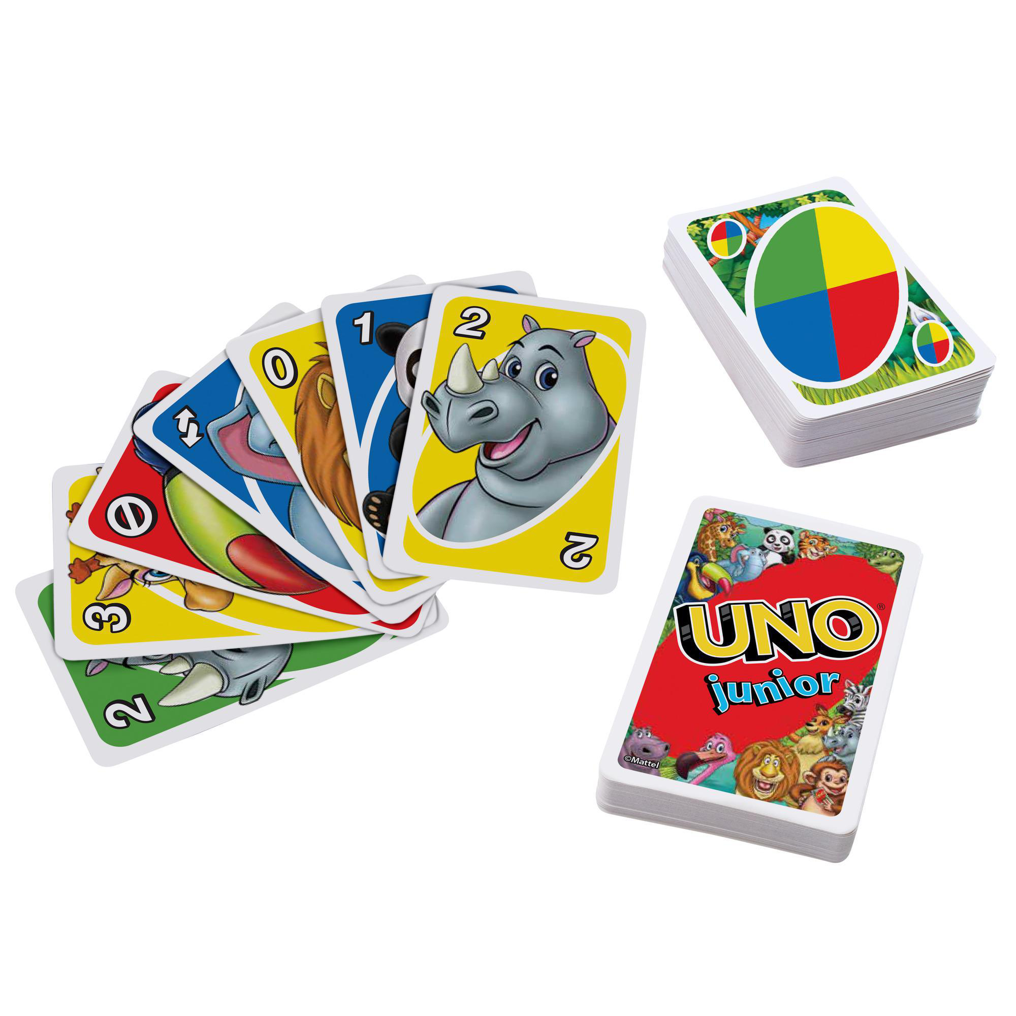 Ein Spiel von Uno Junior-Karten mit verschiedenen tierischen Kartendesigns wird angezeigt.