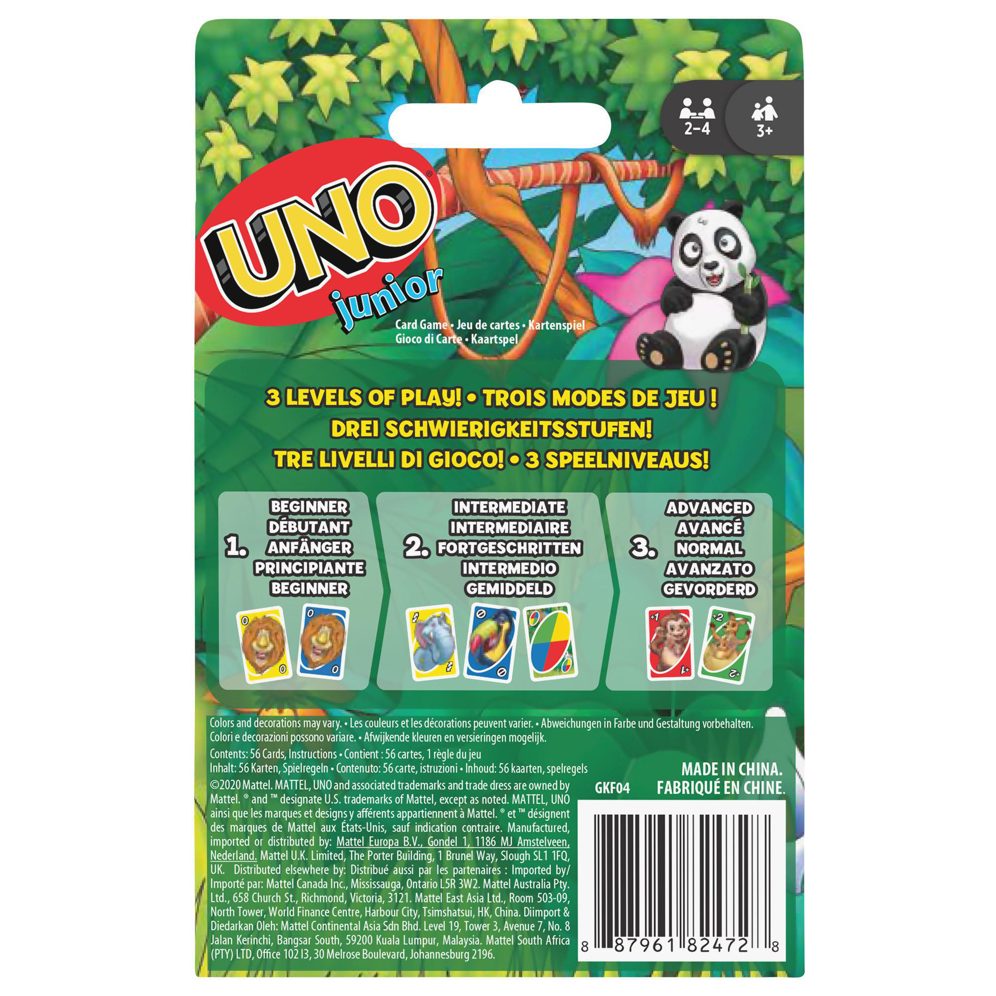 Die Rückseite einer UNO Junior Kartenspielbox mit Grafiken und Text in mehreren Sprachen.